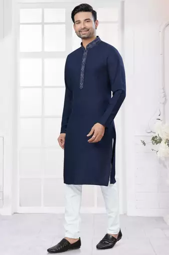 Navy blue heavy cotton with embroidery work kurta pyjama for mens wear