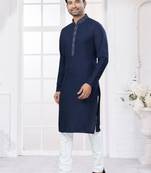 Navy blue heavy cotton with embroidery work kurta pyjama for mens wear