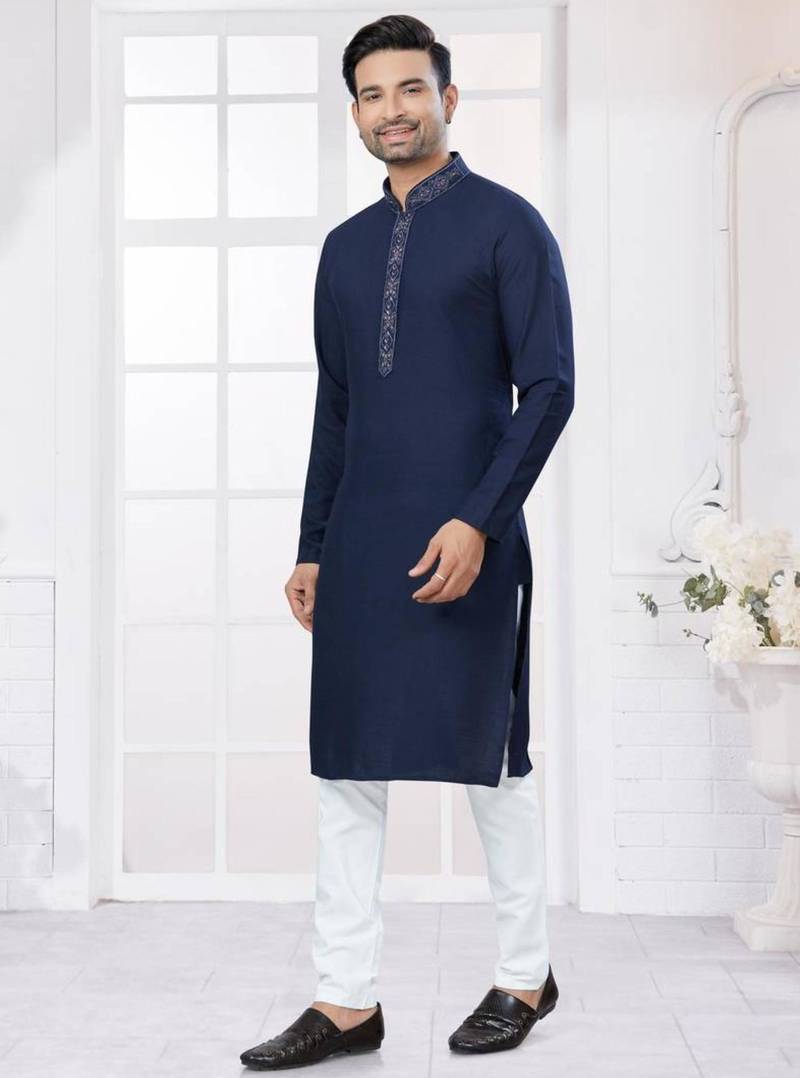 Navy blue heavy cotton with embroidery work kurta pyjama for mens wear
