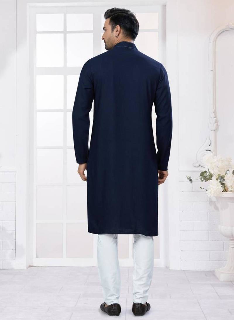Navy blue heavy cotton with embroidery work kurta pyjama for mens wear