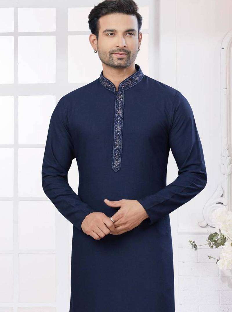 Navy blue heavy cotton with embroidery work kurta pyjama for mens wear