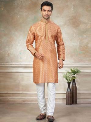 Orange colour cotton with embroidery work kurta payjama menswear collections 1