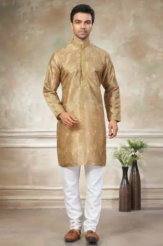 Gold colour cotton with embroidery work kurta payjama menswear collections