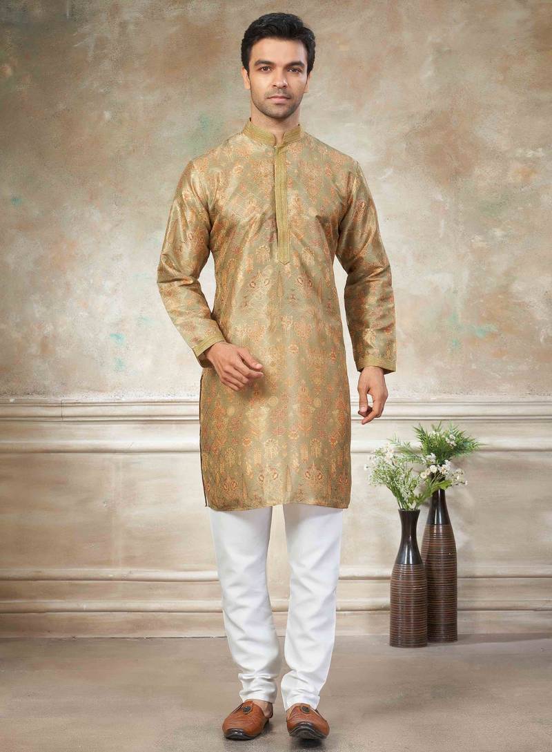 Gold colour cotton with embroidery work kurta payjama menswear collections