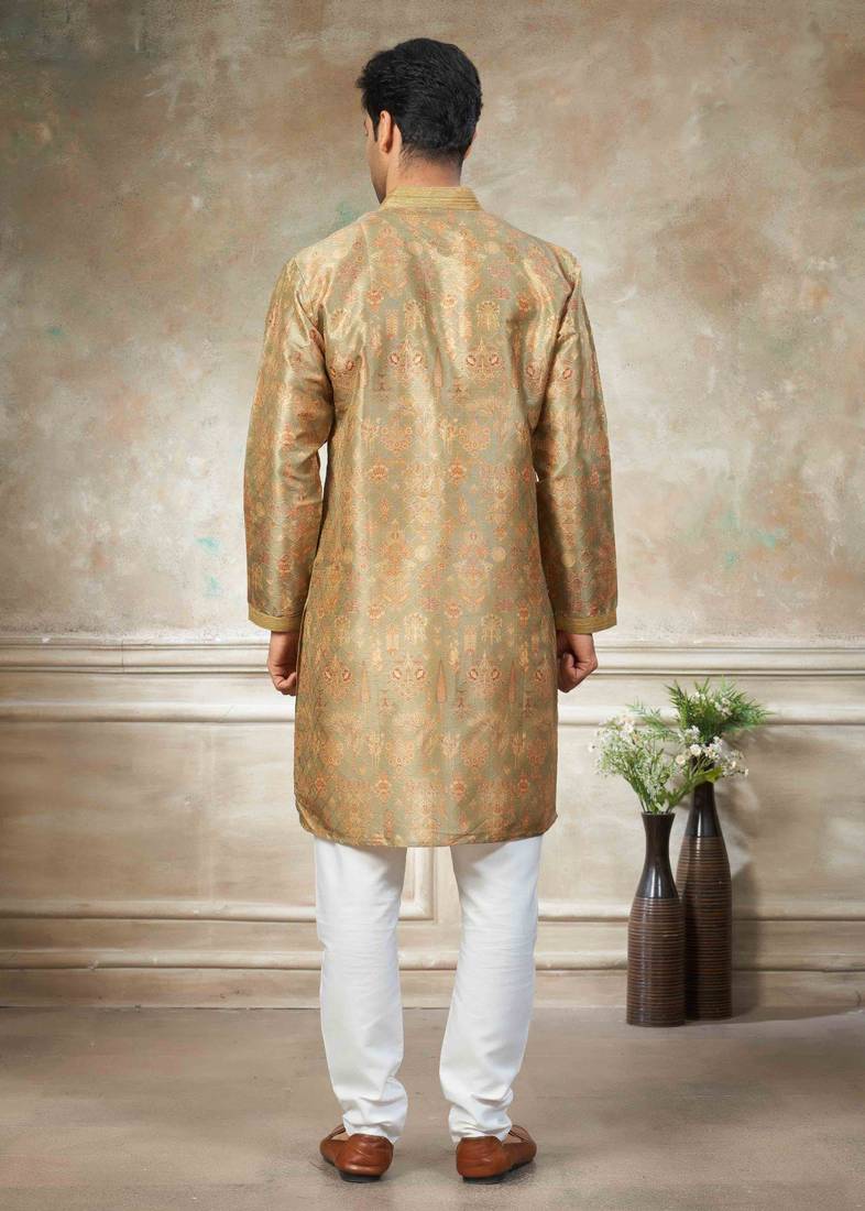 Gold colour cotton with embroidery work kurta payjama menswear collections