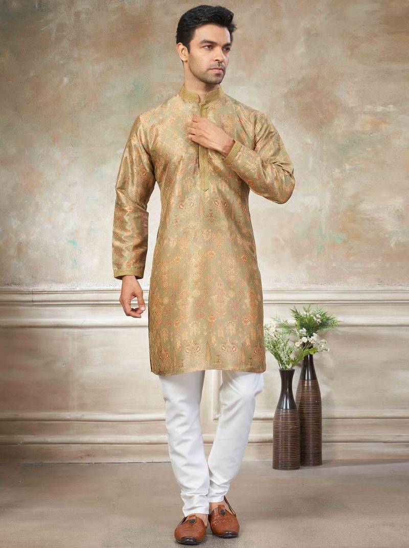 Gold colour cotton with embroidery work kurta payjama menswear collections