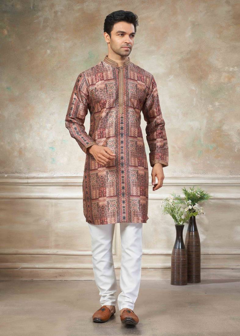 Brown colour cotton with embroidery work kurta payjama menswear collections