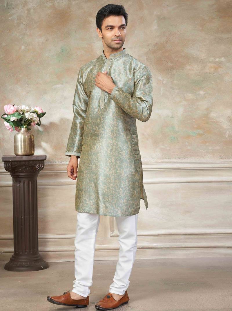 Green colour cotton with embroidery work kurta payjama menswear collections