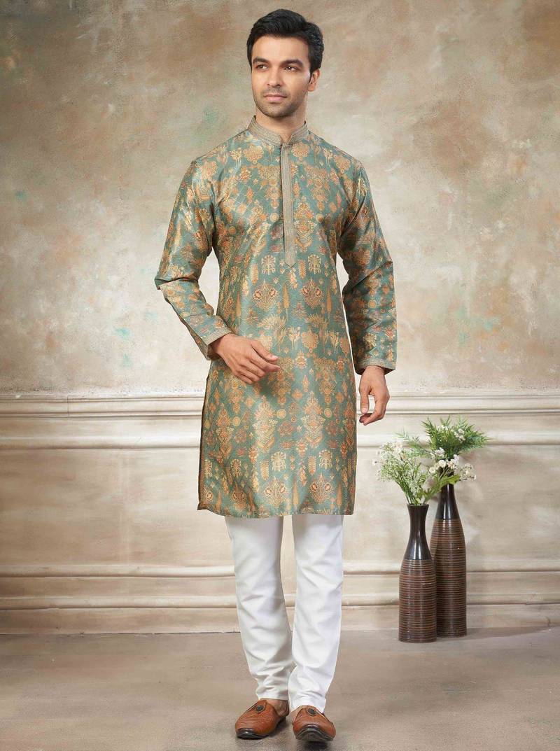 Green colour cotton with embroidery work kurta payjama menswear collections