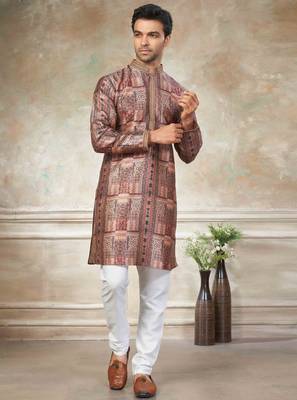 Brown colour cotton with embroidery work kurta payjama menswear  3