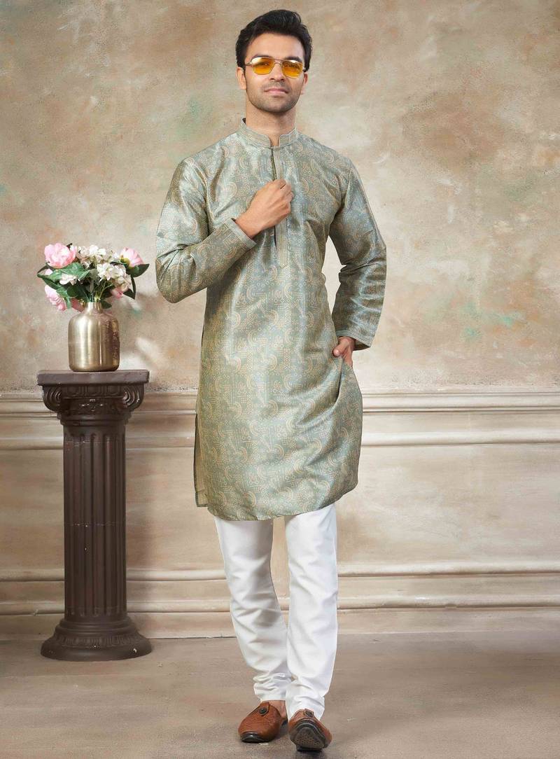 Green colour cotton with embroidery work kurta payjama menswear collections