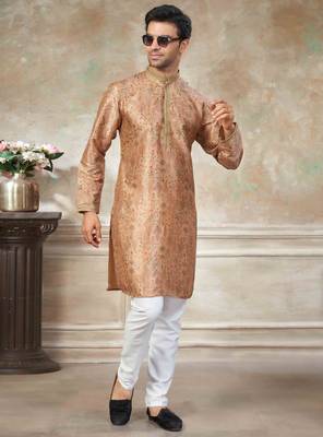 Peach colour cotton with embroidery work kurta payjama menswear collections 1
