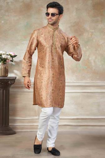Peach colour cotton with embroidery work kurta payjama menswear collections