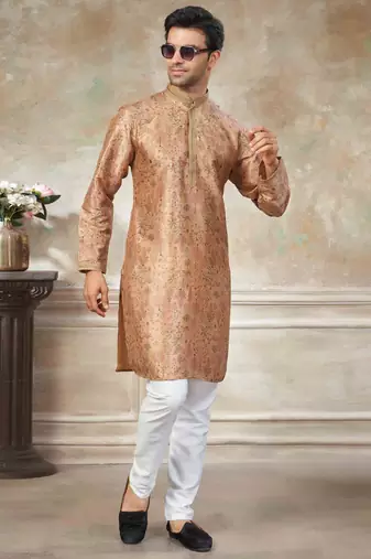 Peach colour cotton with embroidery work kurta payjama menswear collections