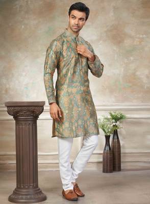 Green colour cotton with embroidery work kurta payjama menswear collections 3