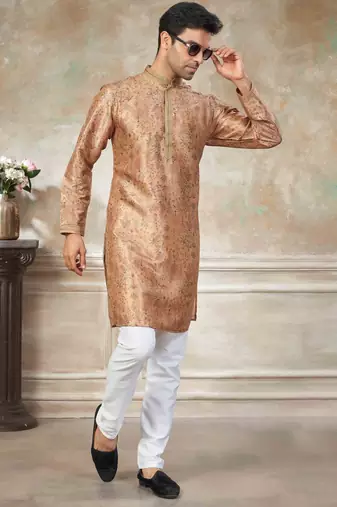 Peach colour cotton with embroidery work kurta payjama menswear collections