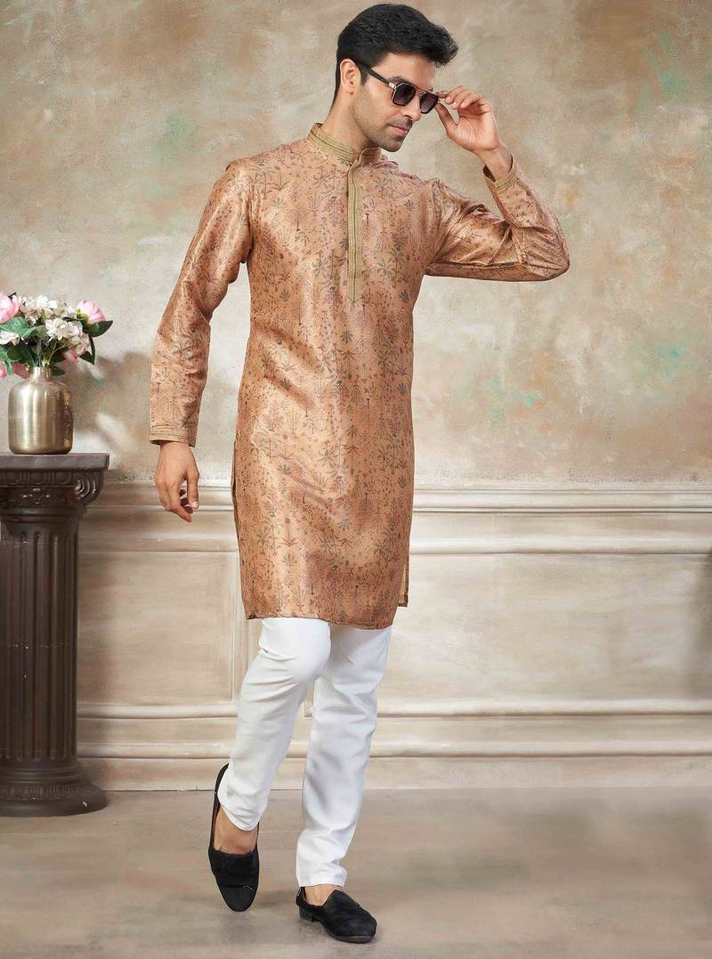 Peach colour cotton with embroidery work kurta payjama menswear collections