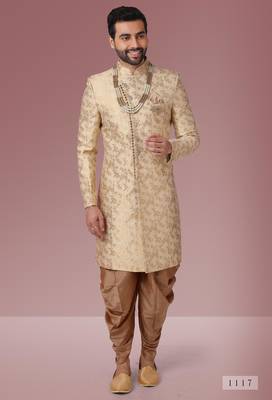 gold jacqaurd silk brocade sherwani for men 1