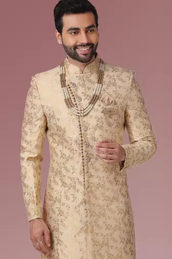 gold jacqaurd silk brocade sherwani for men