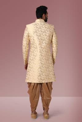 gold jacqaurd silk brocade sherwani for men 3