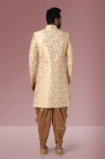 gold jacqaurd silk brocade sherwani for men