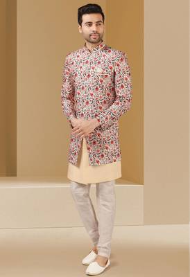 multicolor printed art banarasi fabric 3 peice indo western for men 1