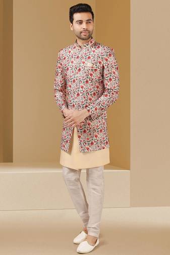 Multicolor printed art banarasi fabric 3 peice indo western for men