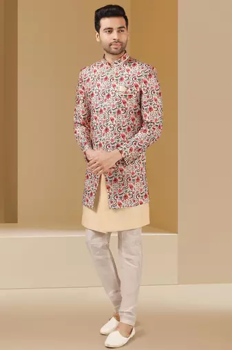 Multicolor printed art banarasi fabric 3 peice indo western for men