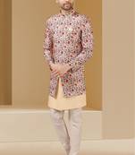 Multicolor printed art banarasi fabric 3 peice indo western for men