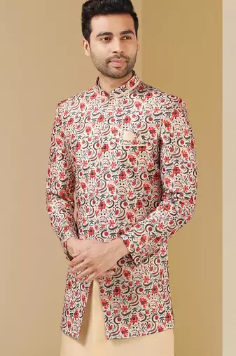 multicolor printed art banarasi fabric 3 peice indo western for men