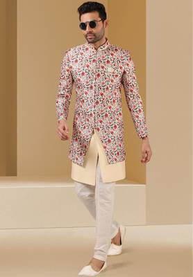 multicolor printed art banarasi fabric 3 peice indo western for men 3