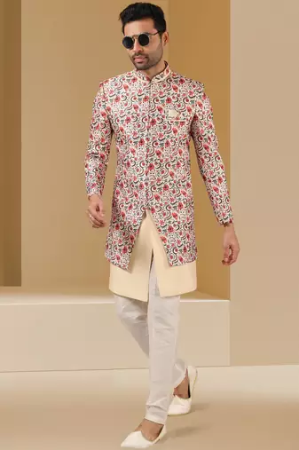 multicolor printed art banarasi fabric 3 peice indo western for men