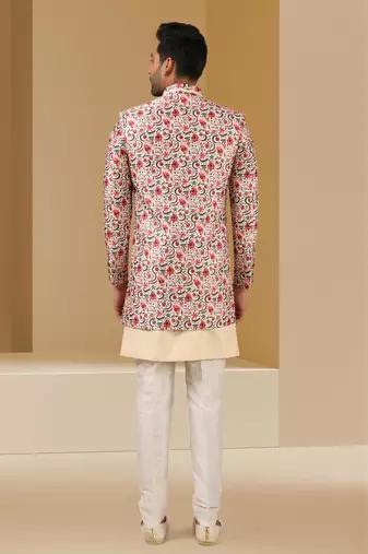 multicolor printed art banarasi fabric 3 peice indo western for men