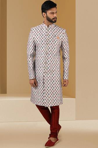 Multicolor printed art banarasi fabric sherwani for men