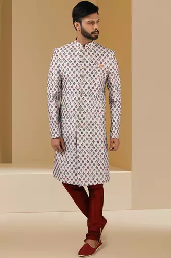 Multicolor printed art banarasi fabric sherwani for men