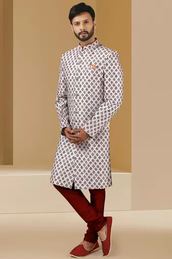 multicolor printed art banarasi fabric sherwani for men
