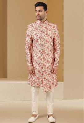cream printed art banarasi fabric sherwani for men 1