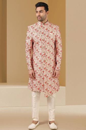 Cream printed art banarasi fabric sherwani for men