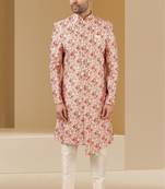 Cream printed art banarasi fabric sherwani for men
