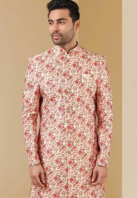 cream printed art banarasi fabric sherwani for men 2