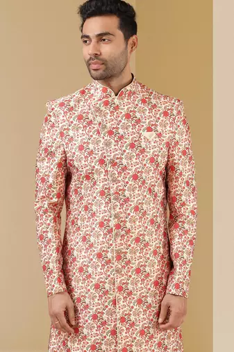 cream printed art banarasi fabric sherwani for men