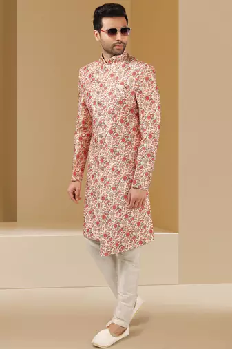 cream printed art banarasi fabric sherwani for men