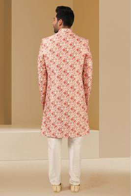 cream printed art banarasi fabric sherwani for men 4