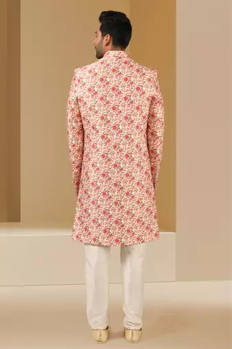 cream printed art banarasi fabric sherwani for men