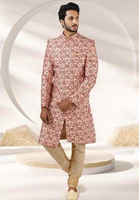 cream printed art banarasi fabric sherwani for men 1