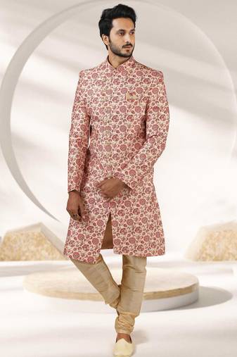 Cream printed art banarasi fabric sherwani for men