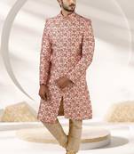 cream printed art banarasi fabric sherwani for men