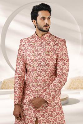 cream printed art banarasi fabric sherwani for men 2