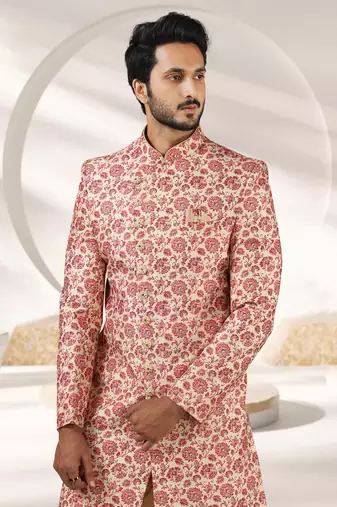 cream printed art banarasi fabric sherwani for men