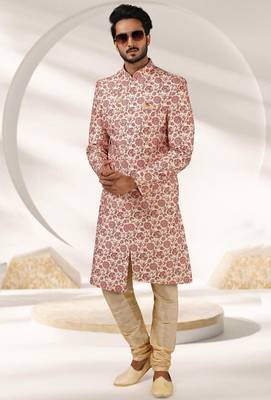 cream printed art banarasi fabric sherwani for men 3